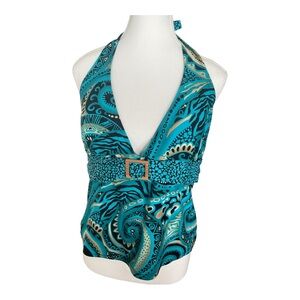 Krista Turquoise Paisley Halter Tankini Top Belted Swimwear Size XL